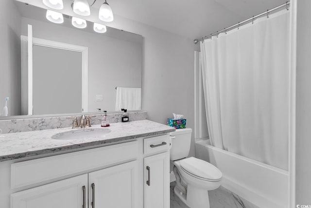 bathroom featuring marble finish floor, shower / tub combo with curtain, vanity, and toilet