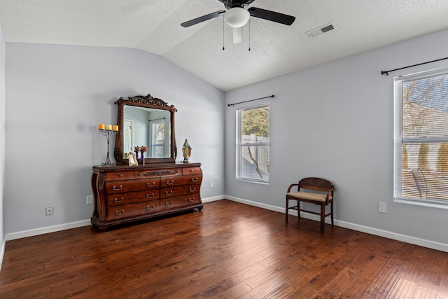 interior space featuring vaulted ceiling, dark wood-type flooring, a textured ceiling, and ceiling fan