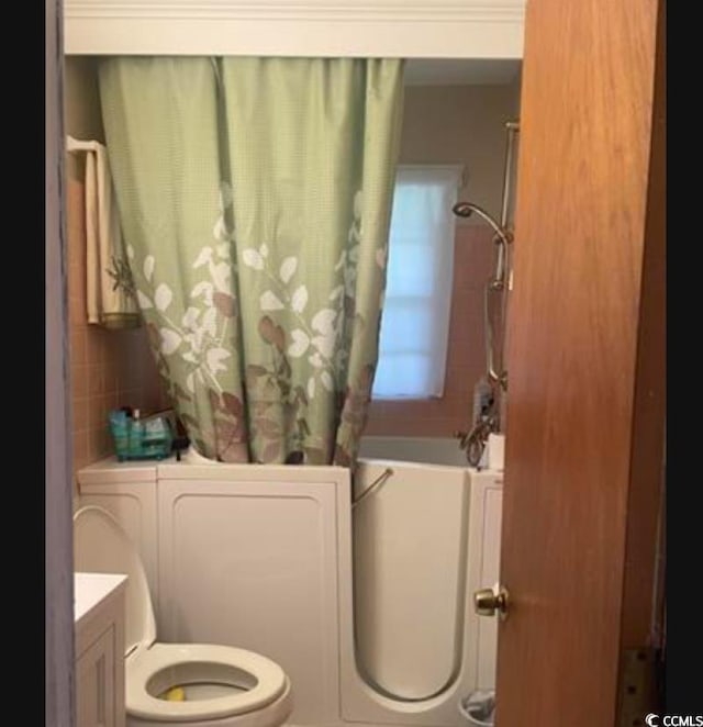 full bathroom with vanity, toilet, and  shower combination