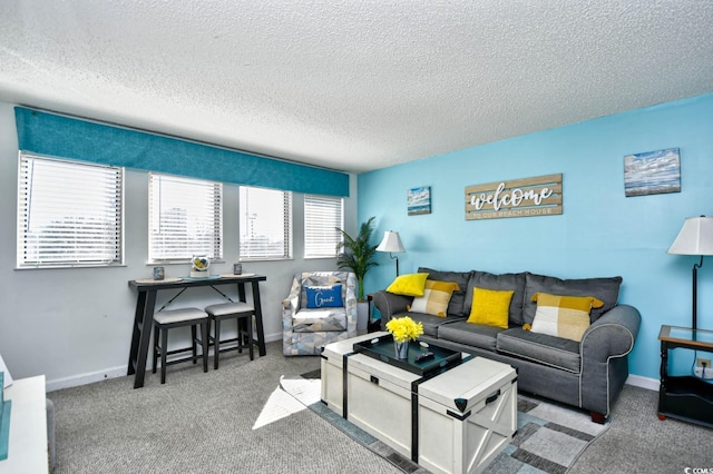 living room featuring carpet floors and a textured ceiling