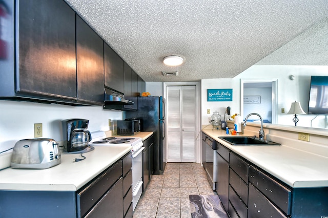 kitchen with light tile patterned flooring, dishwasher, sink, white electric range oven, and a textured ceiling