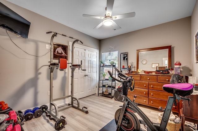 workout room with ceiling fan and light hardwood / wood-style floors