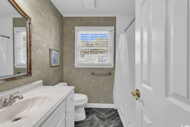 bathroom with vanity, ornamental molding, a textured ceiling, and toilet