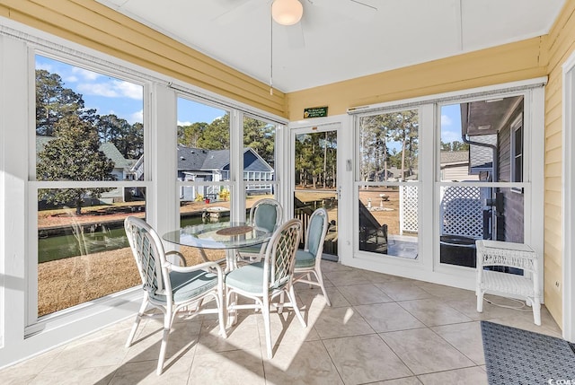 sunroom with a water view and ceiling fan