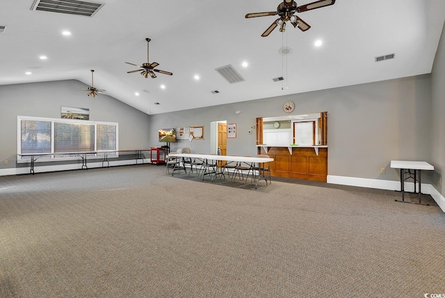 recreation room featuring ceiling fan, high vaulted ceiling, and carpet