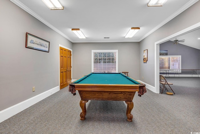 playroom featuring crown molding, carpet floors, and pool table