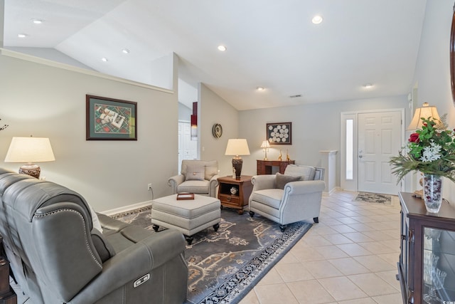 tiled living room with lofted ceiling