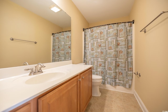 full bathroom featuring vanity, tile patterned floors, shower / bath combination with curtain, and toilet