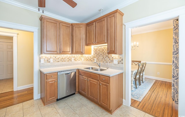 kitchen featuring crown molding, sink, stainless steel dishwasher, and decorative backsplash