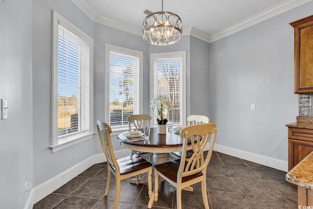 tiled dining room with ornamental molding and a notable chandelier