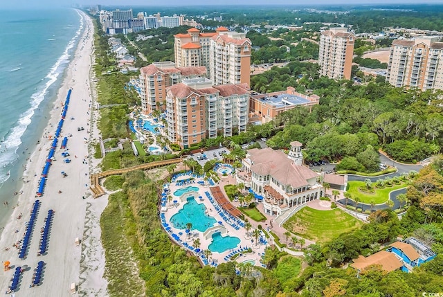 bird's eye view with a view of the beach and a water view