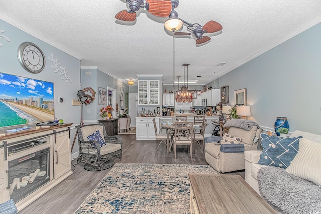 living room with crown molding, ceiling fan, wood-type flooring, and a textured ceiling