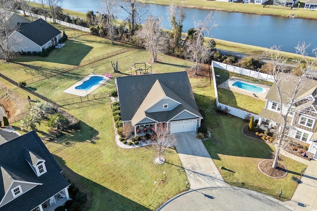 drone / aerial view featuring a water view