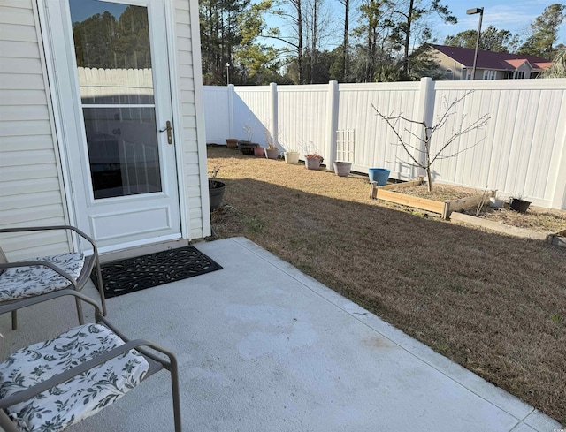 view of yard featuring a patio, a garden, and a fenced backyard