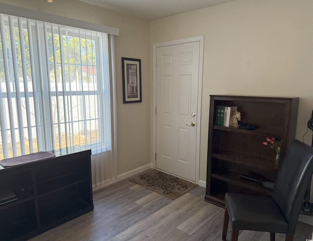 doorway to outside featuring baseboards and wood finished floors