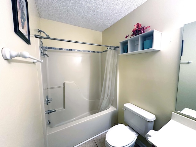 full bathroom with shower / tub combo, vanity, a textured ceiling, tile patterned floors, and toilet