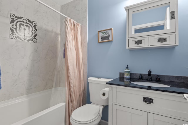 full bathroom with vanity, shower / bath combination with curtain, and toilet