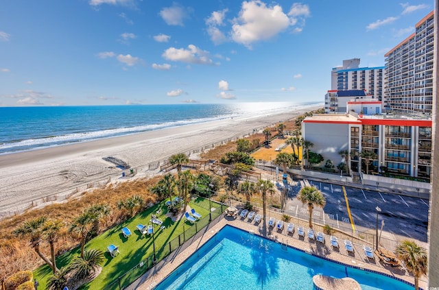 exterior space featuring a beach view