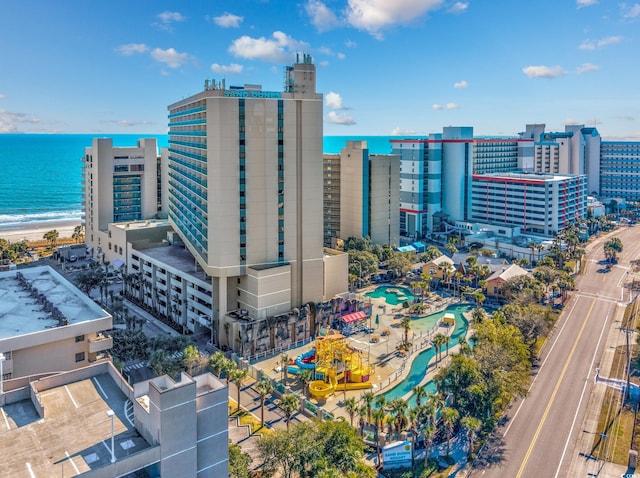 aerial view with a view of the beach and a water view