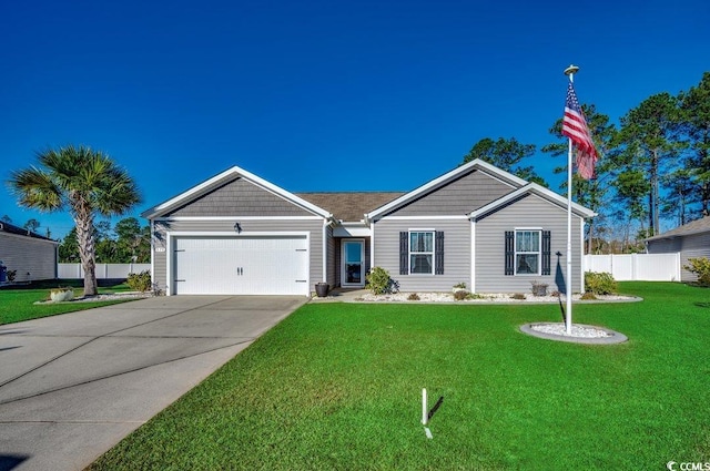 single story home with a garage and a front yard