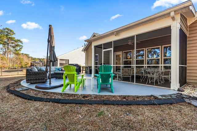 view of patio / terrace with ceiling fan, outdoor lounge area, grilling area, and a sunroom