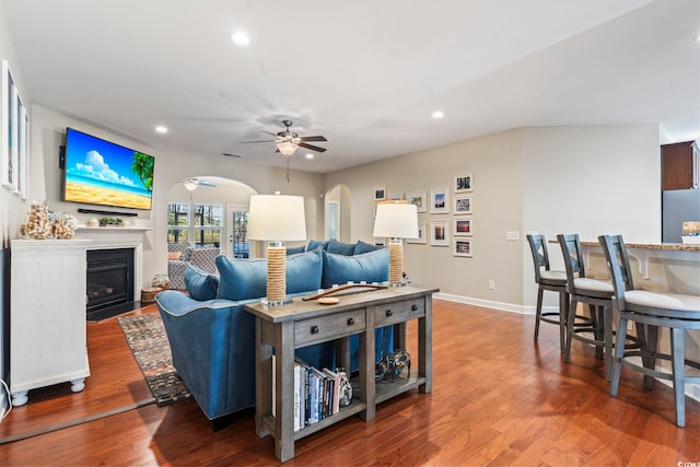 living room with ceiling fan and hardwood / wood-style floors