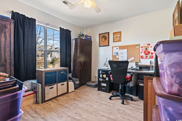 office area with ceiling fan, light hardwood / wood-style floors, and a textured ceiling