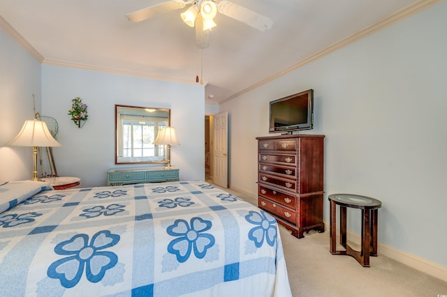 bedroom with ornamental molding, light colored carpet, and ceiling fan