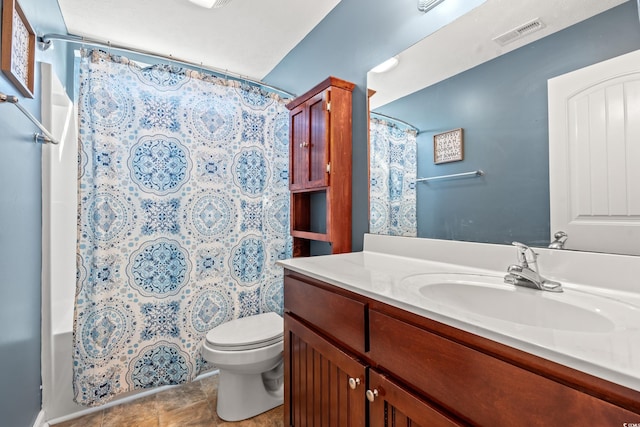 bathroom with visible vents, shower / tub combo, toilet, and vanity