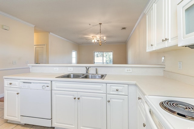 kitchen featuring sink, white appliances, white cabinetry, ornamental molding, and kitchen peninsula