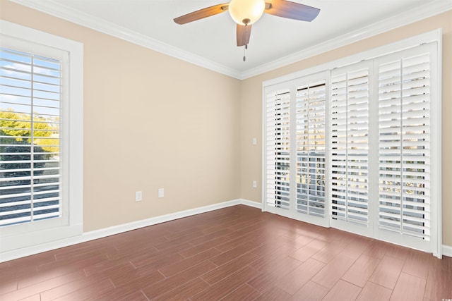 unfurnished bedroom with access to exterior, crown molding, dark wood-type flooring, and ceiling fan