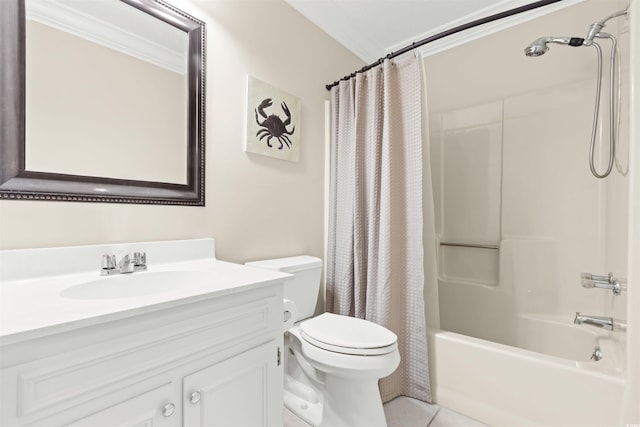 full bathroom featuring vanity, ornamental molding, toilet, shower / bathtub combination with curtain, and tile patterned floors