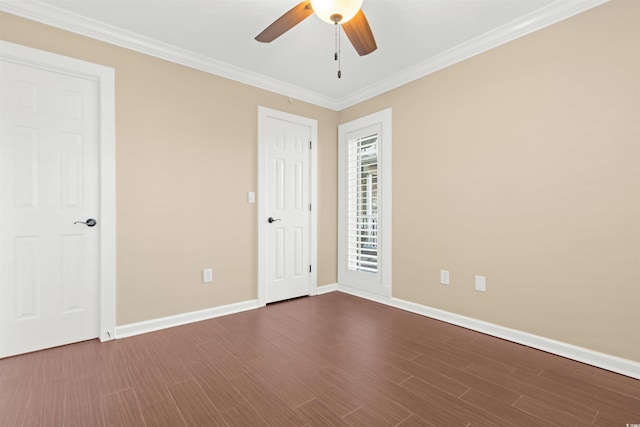 unfurnished bedroom with hardwood / wood-style floors, ornamental molding, and ceiling fan