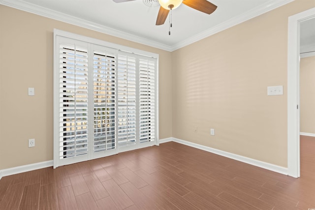 unfurnished bedroom with hardwood / wood-style flooring, crown molding, and ceiling fan