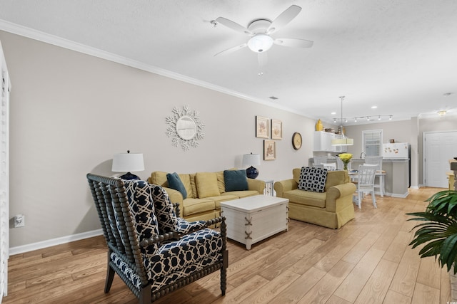 living room featuring ornamental molding, a textured ceiling, ceiling fan, and light hardwood / wood-style floors