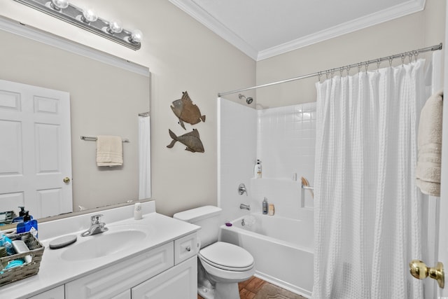 full bathroom with wood-type flooring, shower / bath combination with curtain, vanity, toilet, and crown molding