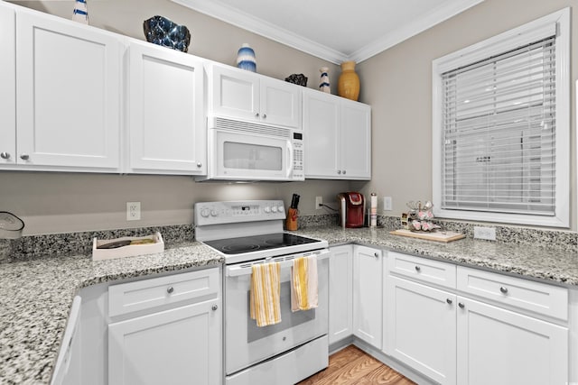 kitchen with white cabinetry, white appliances, ornamental molding, and light hardwood / wood-style flooring