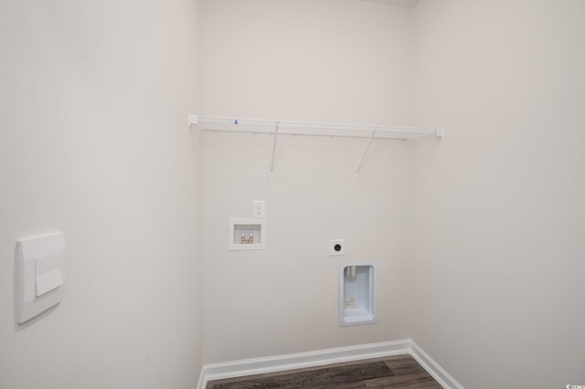 laundry area with laundry area, electric dryer hookup, baseboards, hookup for a washing machine, and dark wood-type flooring