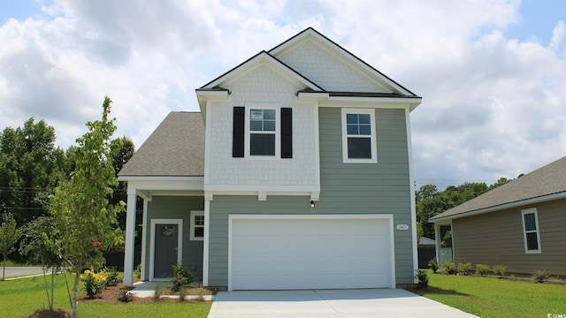 craftsman house with concrete driveway, a garage, and a front lawn