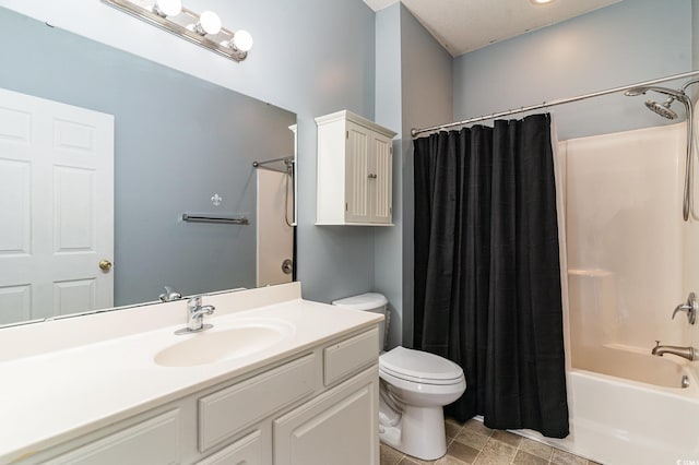 full bathroom featuring shower / bathtub combination with curtain, vanity, and toilet