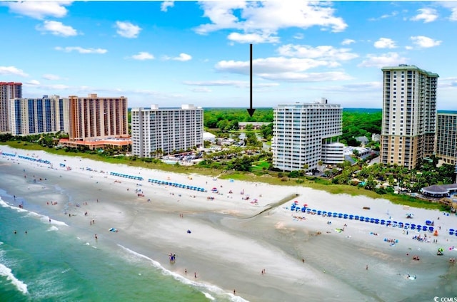 bird's eye view with a view of the beach and a water view