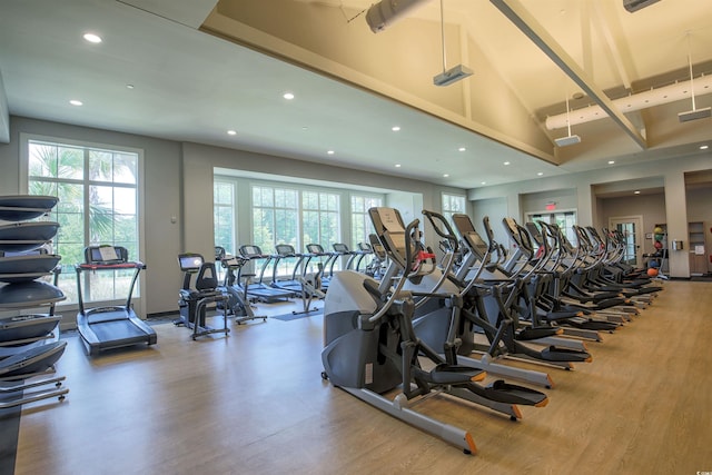 exercise room featuring a towering ceiling, hardwood / wood-style floors, and a wealth of natural light