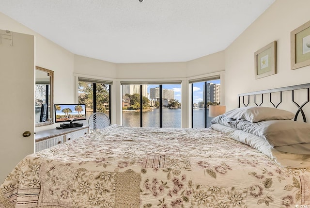 bedroom featuring access to outside and a textured ceiling