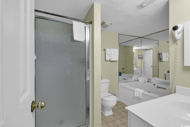 full bathroom with tile patterned floors, toilet, a textured ceiling, vanity, and independent shower and bath