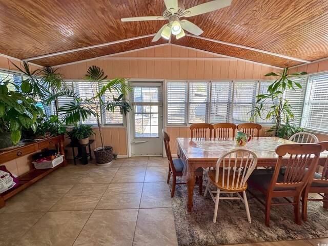 tiled dining space featuring ceiling fan, lofted ceiling, wooden walls, and wooden ceiling