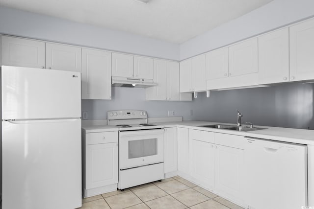 kitchen with white cabinetry, sink, white appliances, and light tile patterned floors