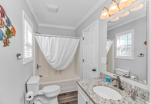 full bathroom with toilet, wood-type flooring, ornamental molding, vanity, and shower / bath combo