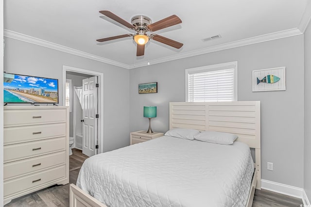 bedroom with wood-type flooring, ornamental molding, and ceiling fan