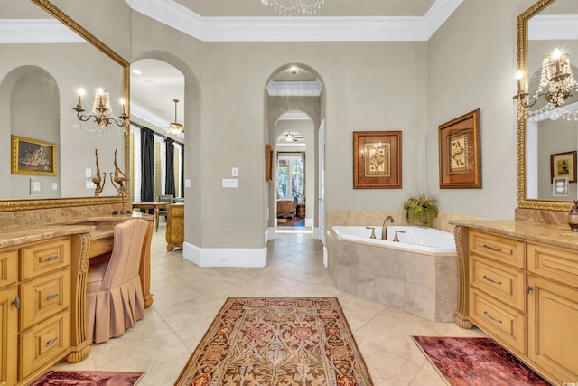 bathroom featuring tile patterned flooring, vanity, ornamental molding, a high ceiling, and a relaxing tiled tub