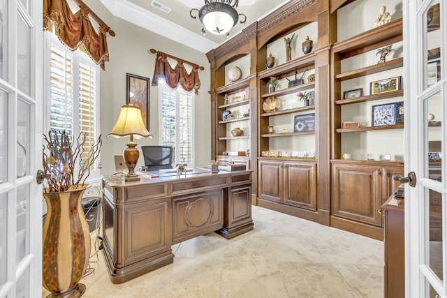 office area with crown molding and french doors